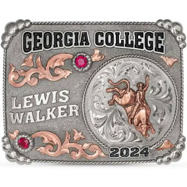 Celebrate the tradition and legacy of your school with the Athens Belt Buckle! This custom rodeo belt buckle is expertly crafted on a matted German Silver base with a natural finish. Personalize it for your future pro bull rider!